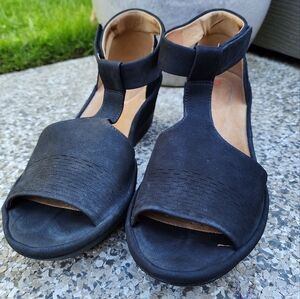 Clarks Black Suede Wedge Sandals - Size 10